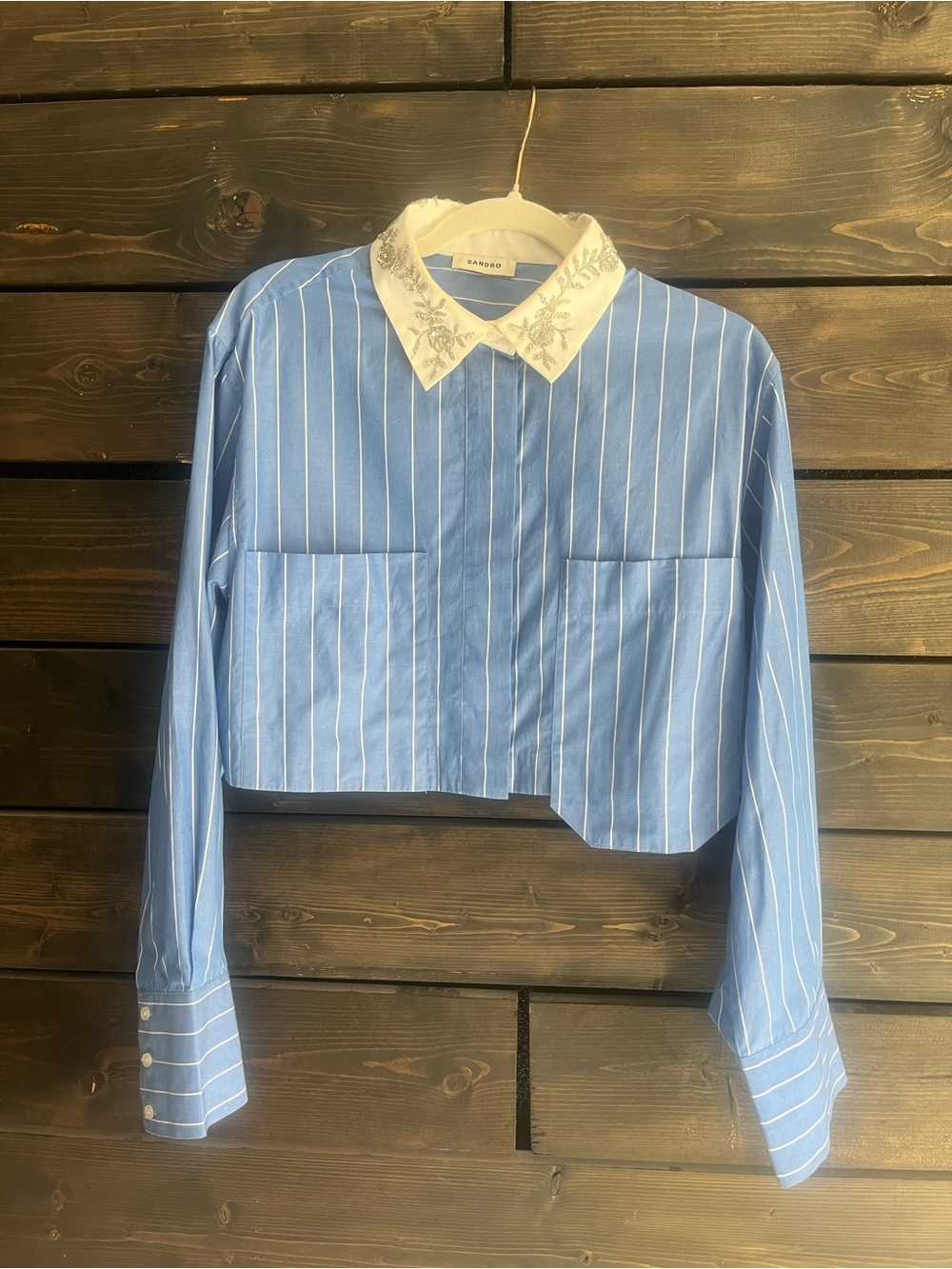 Sandro Light Blue Pinstripe Cropped Shirt with Embroidered White Collar